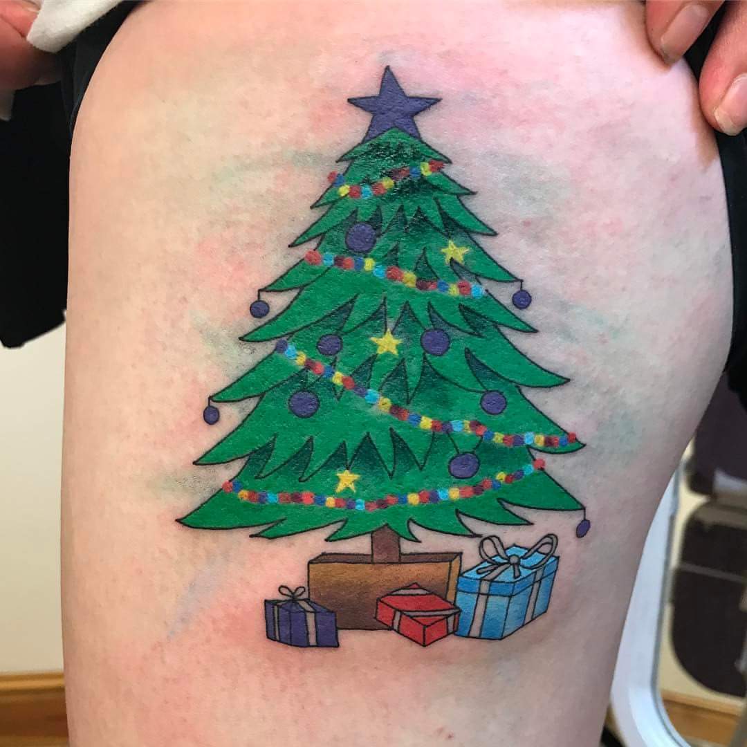#Christmas #Tattoos Classic christmas tree tattoo ideas for the leg