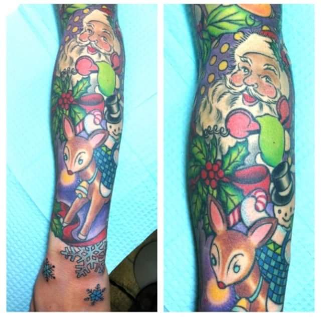 #Christmas #Tattoos Impeccable color mix of christmas tattoo ideas on the leg