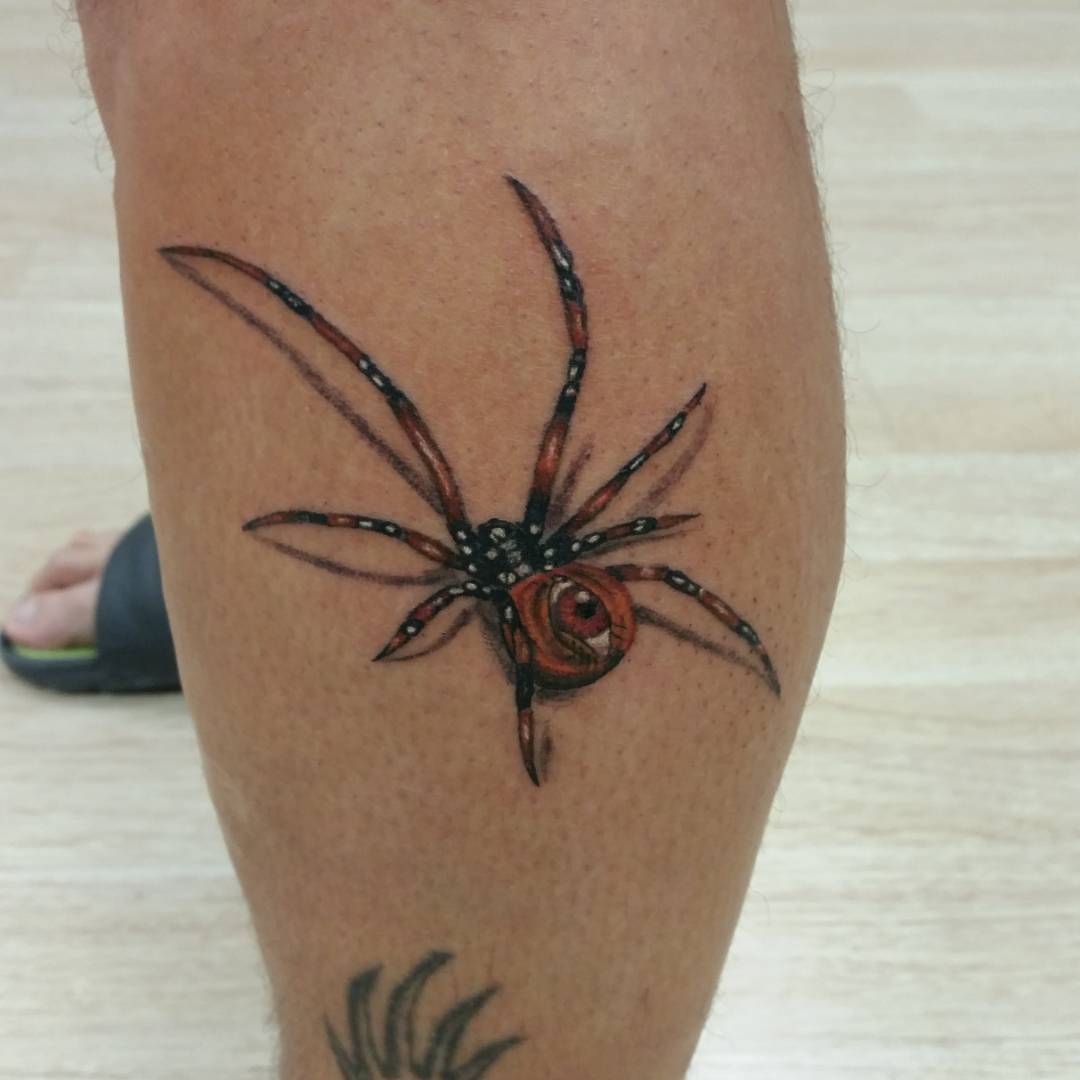 #3D #Tattoos Spider With Eye Ball On Lower Leg