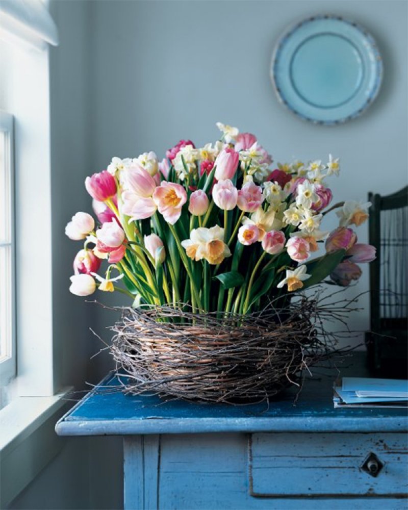Birch-Wrapped Basket with Tulips and Daffodils.