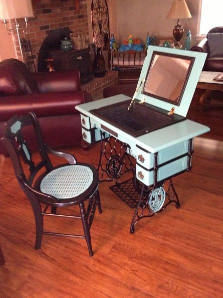Antique Sewing Machine Recycled as Vanity Table.