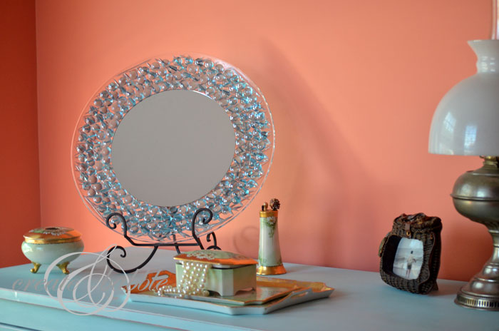 Beautiful Mirror with a Plastic Tray and Glass Gems from the Dollar Store.