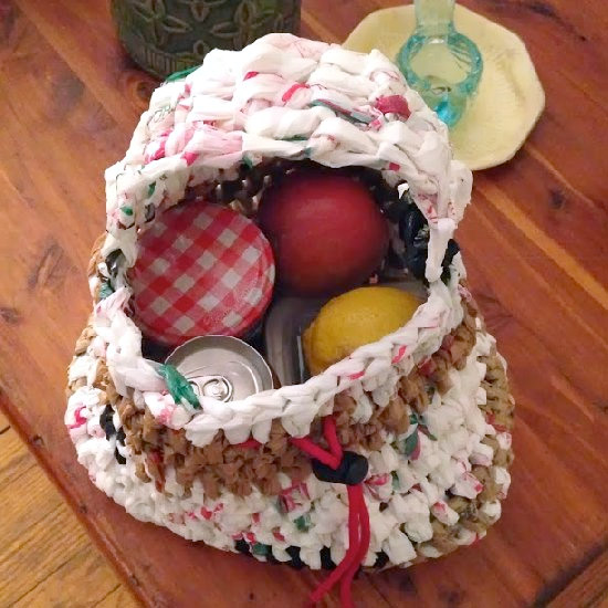 Crochet a durable lunch tote.