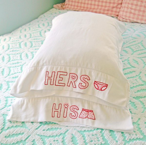 His and Hers Hand Embroidered Pillowcases.