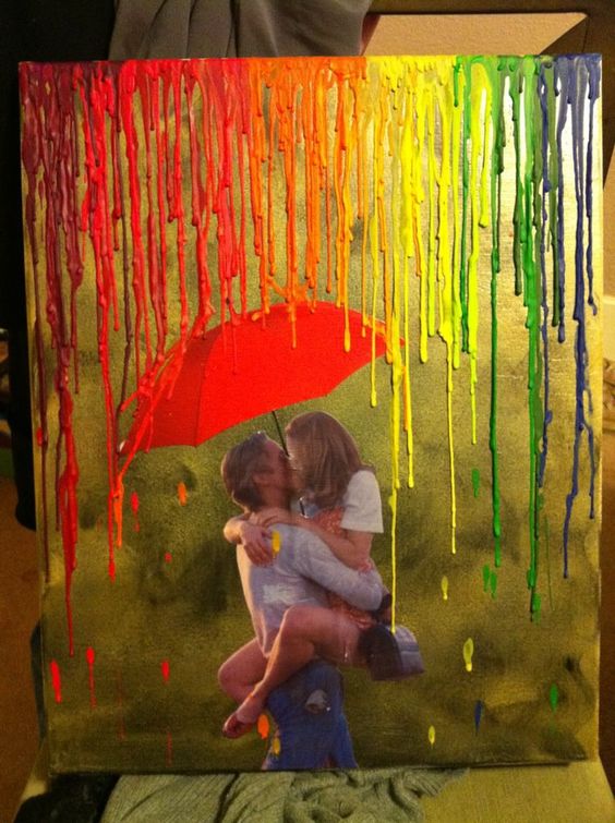 Love in rain melted crayons art.