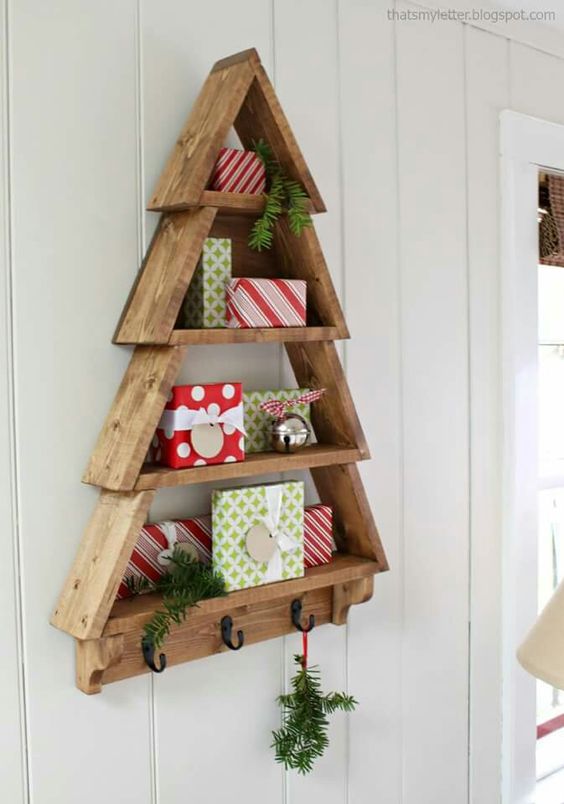 Nice wooden shelf alternative Christmas wall tree.