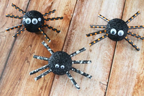Spider made by Styrofoam balls, googly eyes and straws.