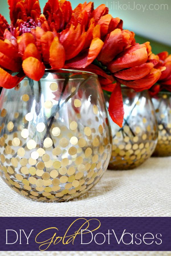DIY Gold Dot Vases for Displaying Fall Flowers.