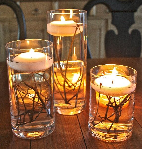Floating Candle Centerpieces with Twigs.