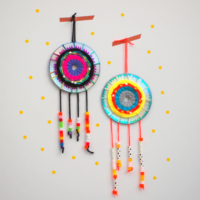 Make a woven CD dream catcher. Great craft for adults and kids alike!