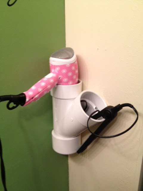 PVC pipe also makes a super handy place to store your hair dryer and curling iron or flat iron.
