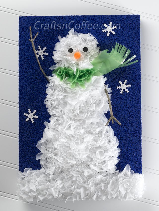 Recycle plastic shopping bags to make a Snowman Picture.