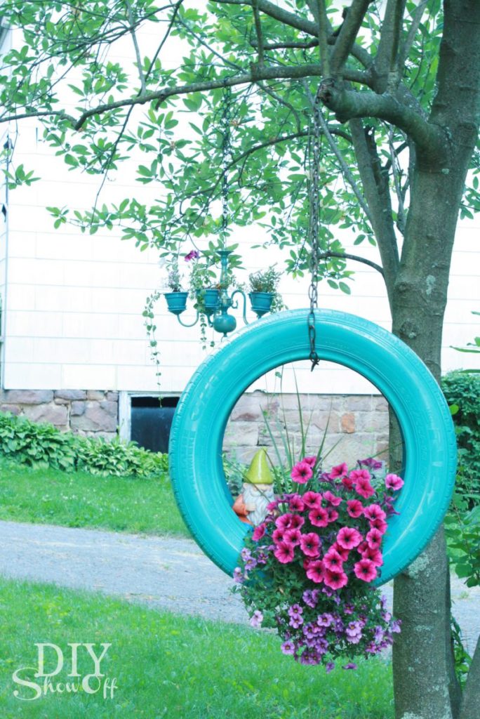 Tire Flower Planter Hanging from the Tree.