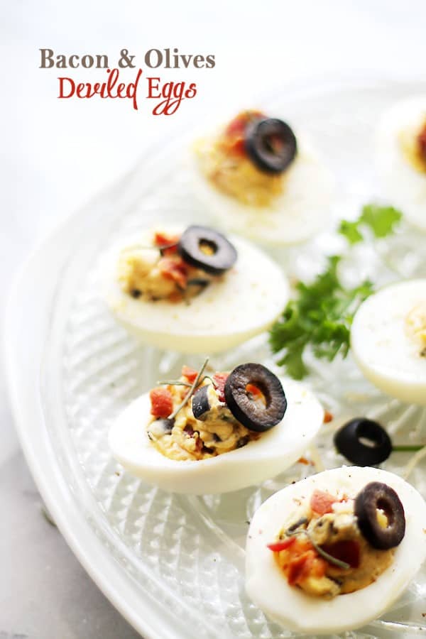Bacon and Olives Deviled Eggs by Diethood