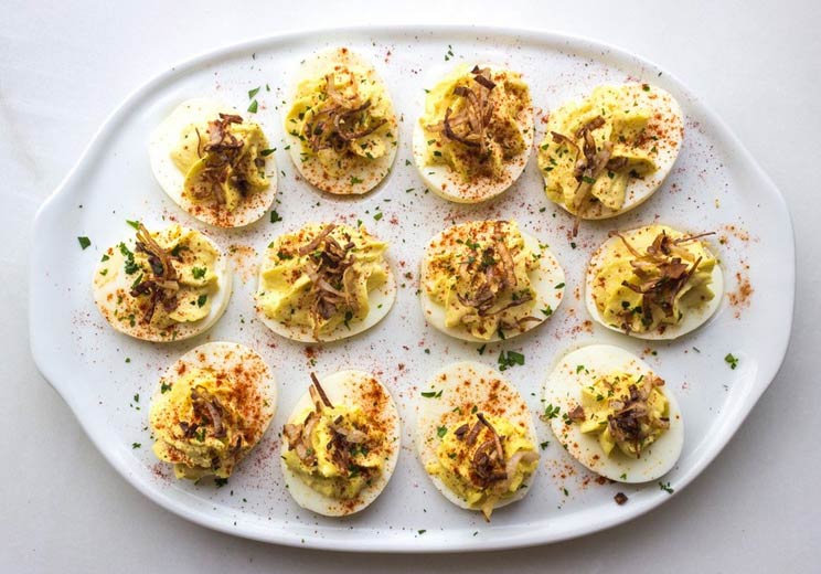Crab Deviled Eggs with Crispy Shallots