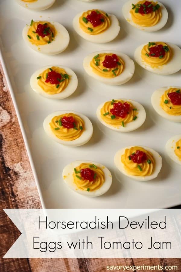 Horseradish Deviled Eggs with Tomato Jam by Savory Experiments