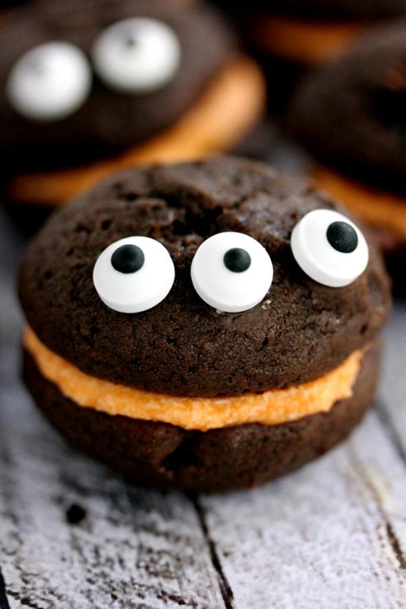 Mini Monster Chocolate Whoopie Pies with Orange Cream Filling from Melanie Makes