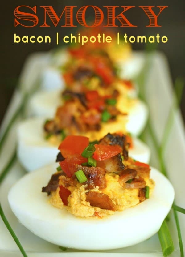 Smoky Tomato Bacon Chipotle Deviled Eggs by Cooking on the Weekends