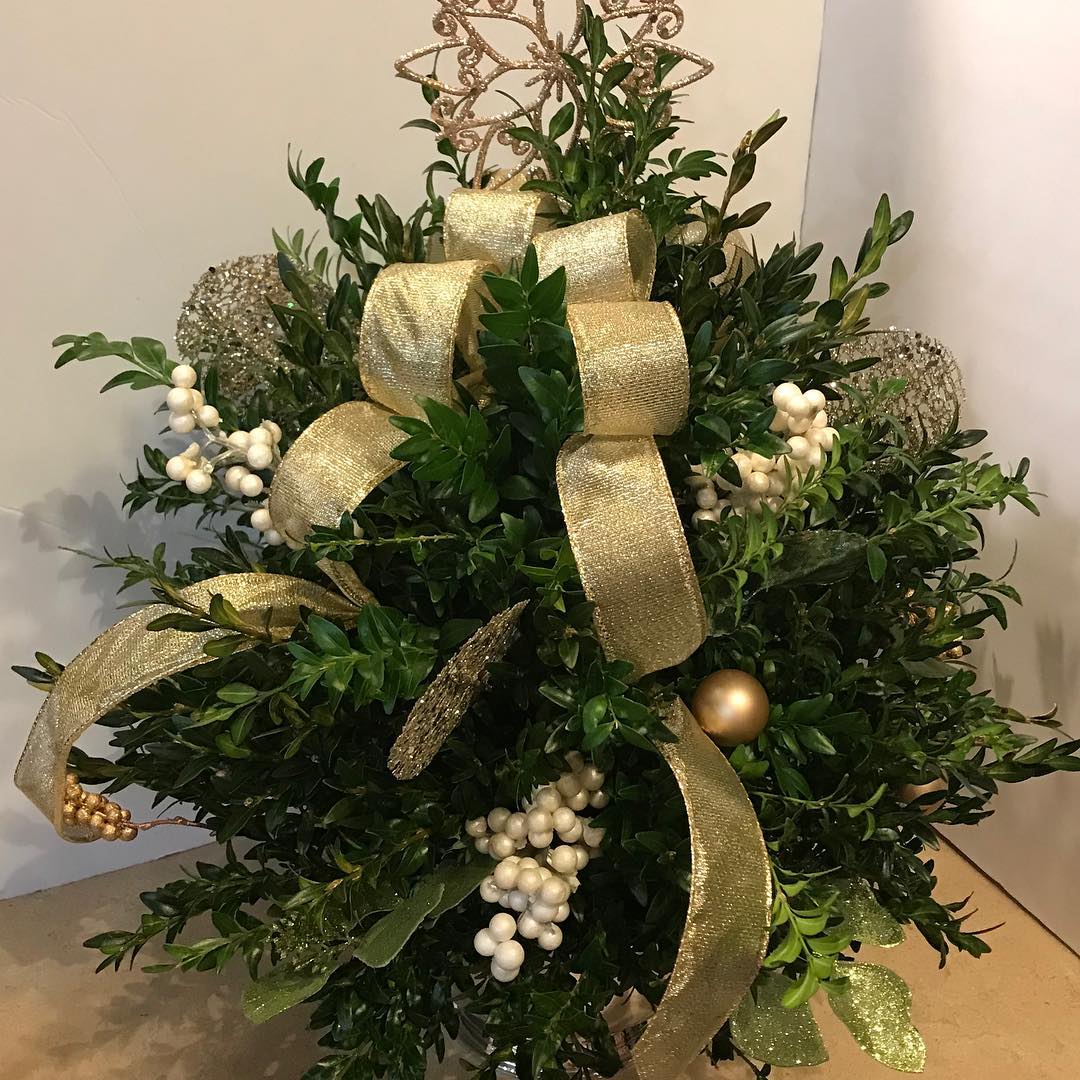 Boxwood Christmas tree arrangement makes great gift for the holidays.