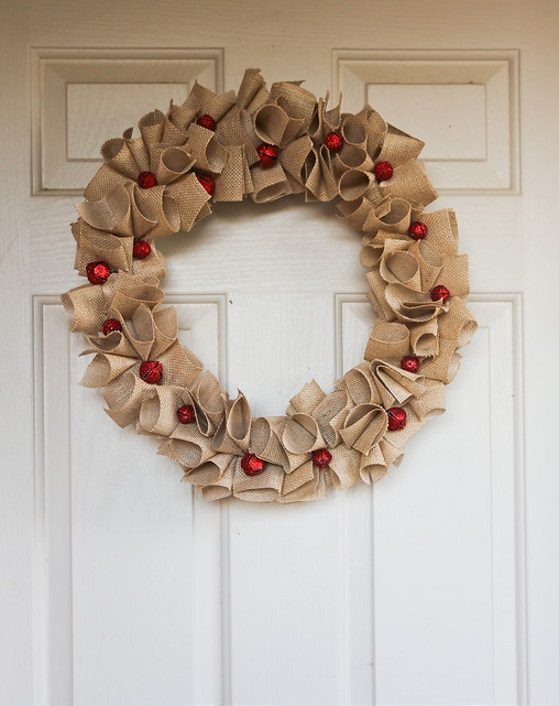 Burlap Wreath with Jingle Bells.