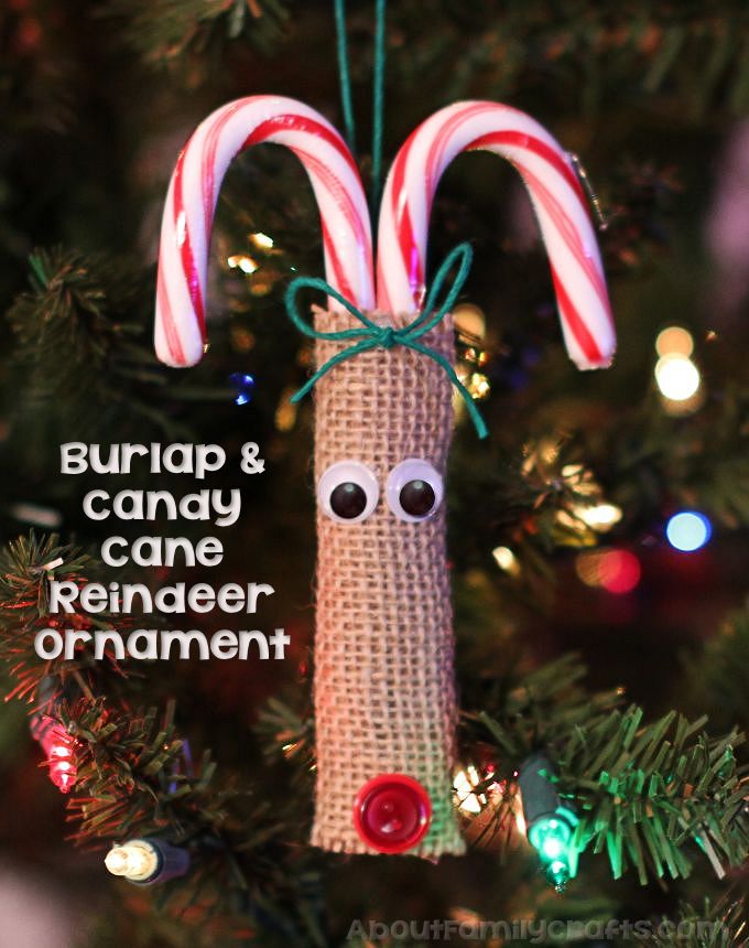 Burlap and Candy Cane Reindeer Ornament.