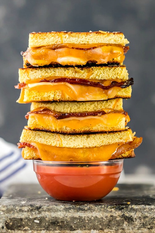 Candied Whiskey Bacon Grilled Cheese Dippers by the Cookie Rookie