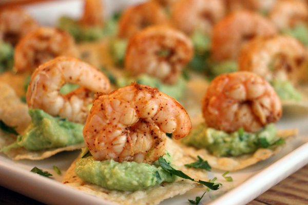 Chili-lime shrimp and guacamole tostadas by KQED Food