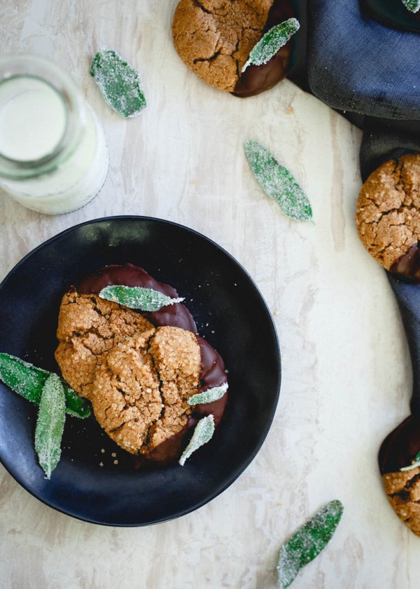 Chocolate Dipped Cashew Almond Butter Cookies with Candied Sage