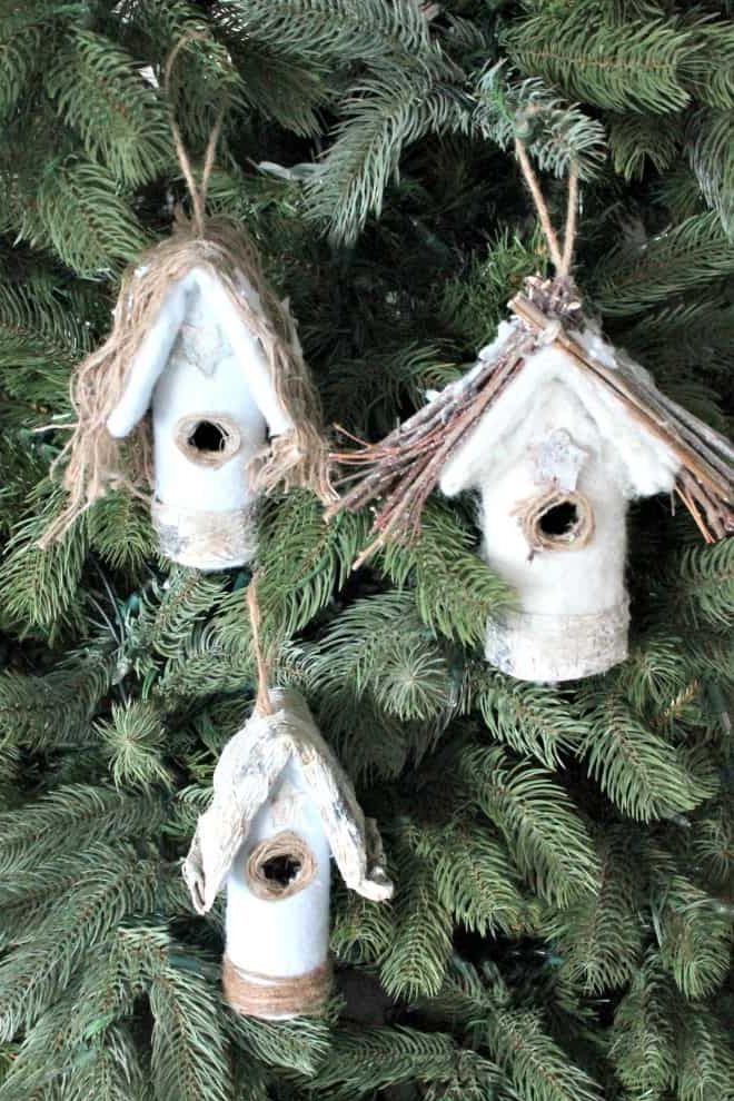 DIY Farmhouse Birdhouse Christmas Tree Ornaments.