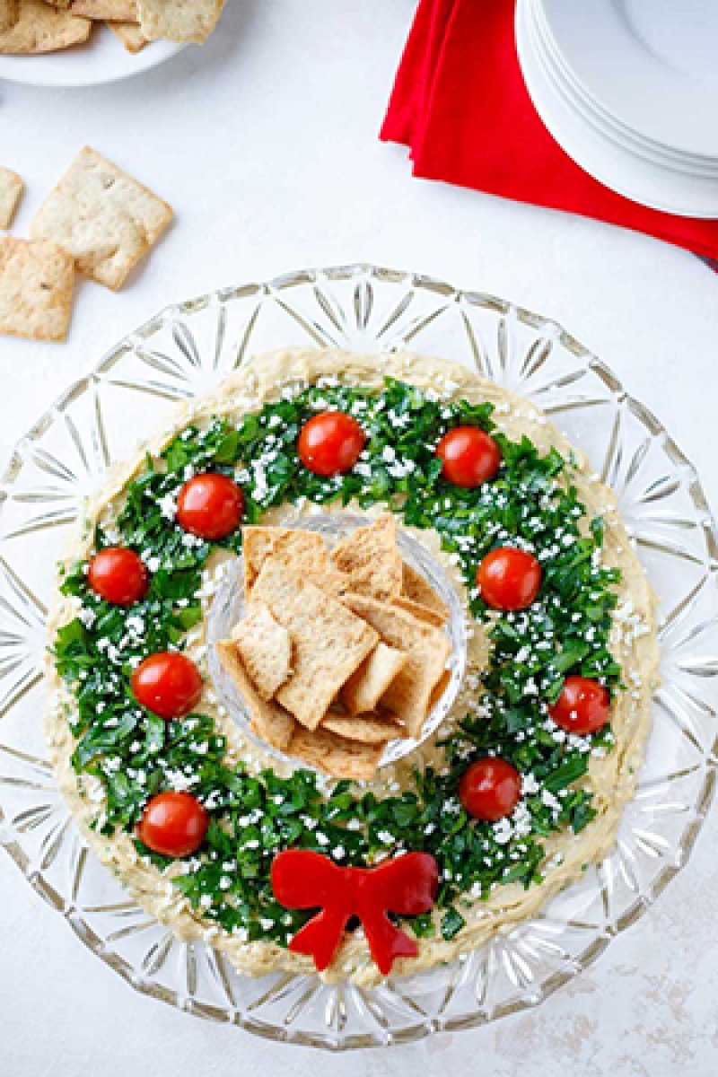 Hummus Christmas wreath from Two Healthy Kitchens