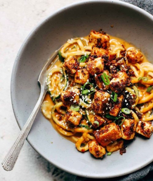 Spicy Sesame Zoodles With Crispy Tofu.