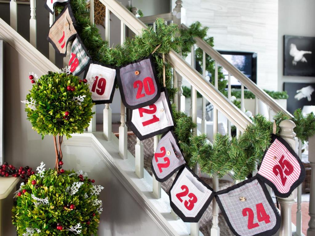 Staircase Decor With Chic Advent Calendar Garland.
