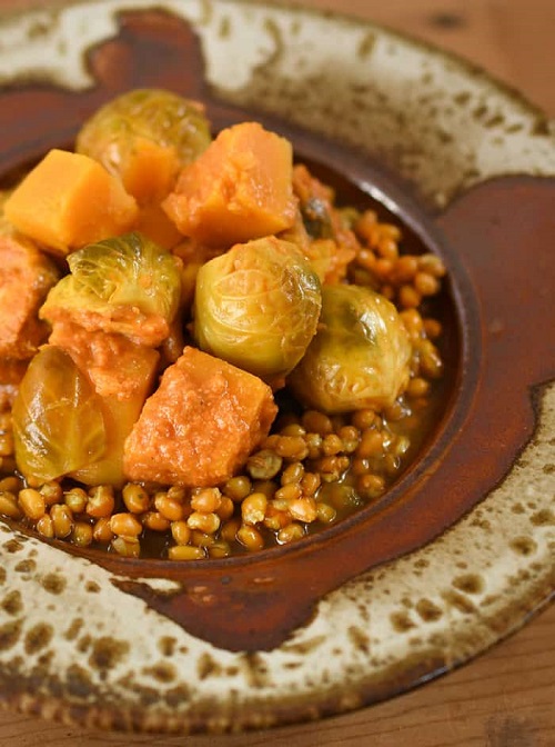 Vegan Brussels Sprout and Butternut Squash Curry over Instant Pot Wheat Berries from Healthy Slow Cooking