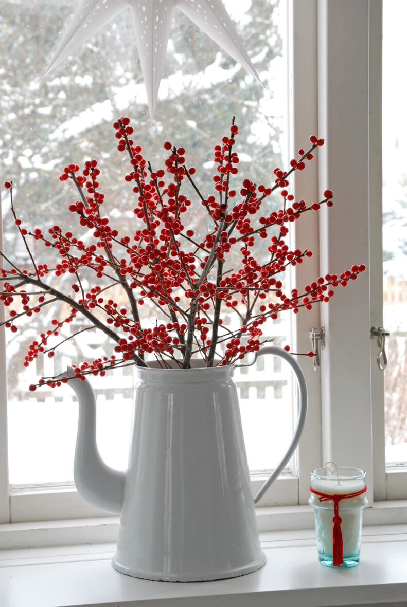Berry Spray in White Porcelain Pitcher.
