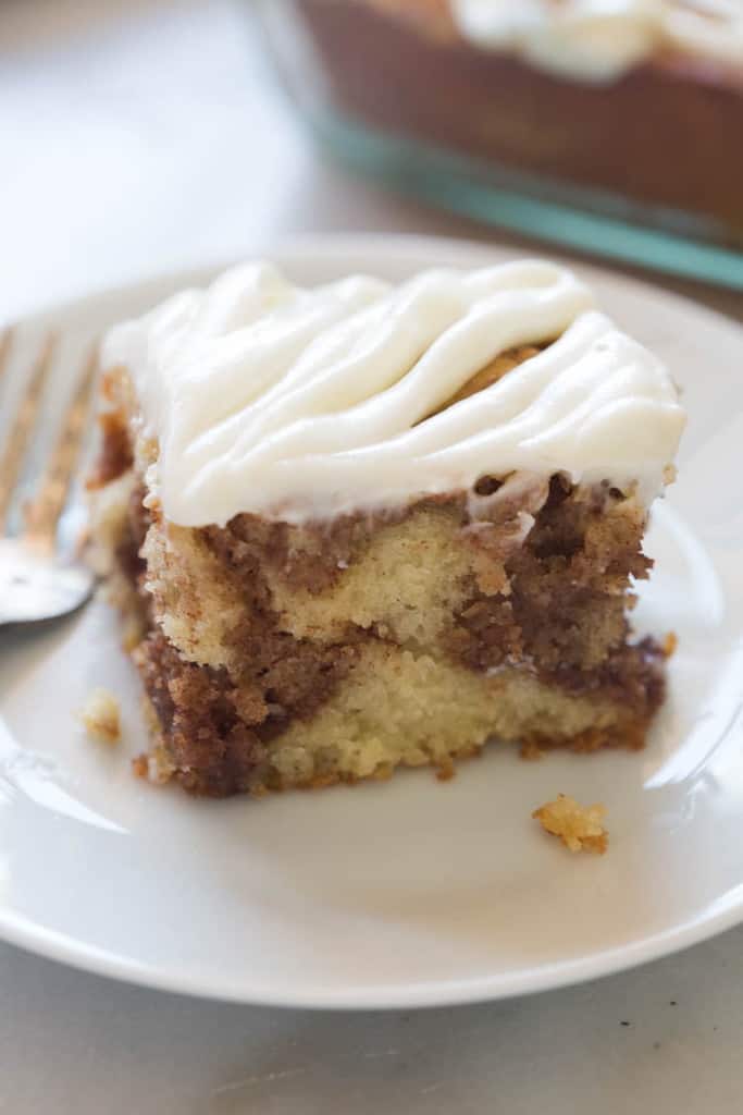 CINNAMON ROLL CAKE WITH CREAM CHEESE FROSTING.