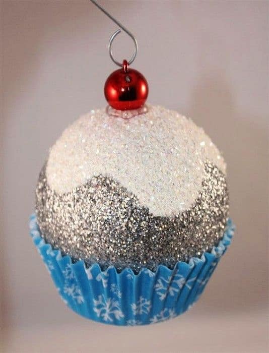 Faux cupcake version using a styrofoam ball rolled in glue and glitter topped.