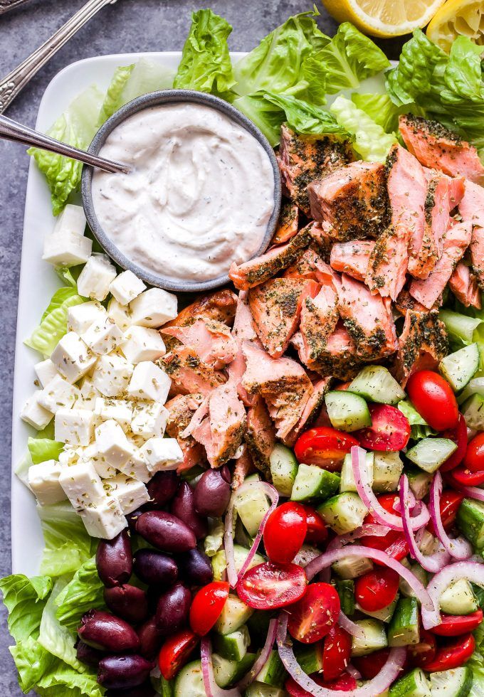 Greek Salmon Salad with Tahini Yogurt Dressing.