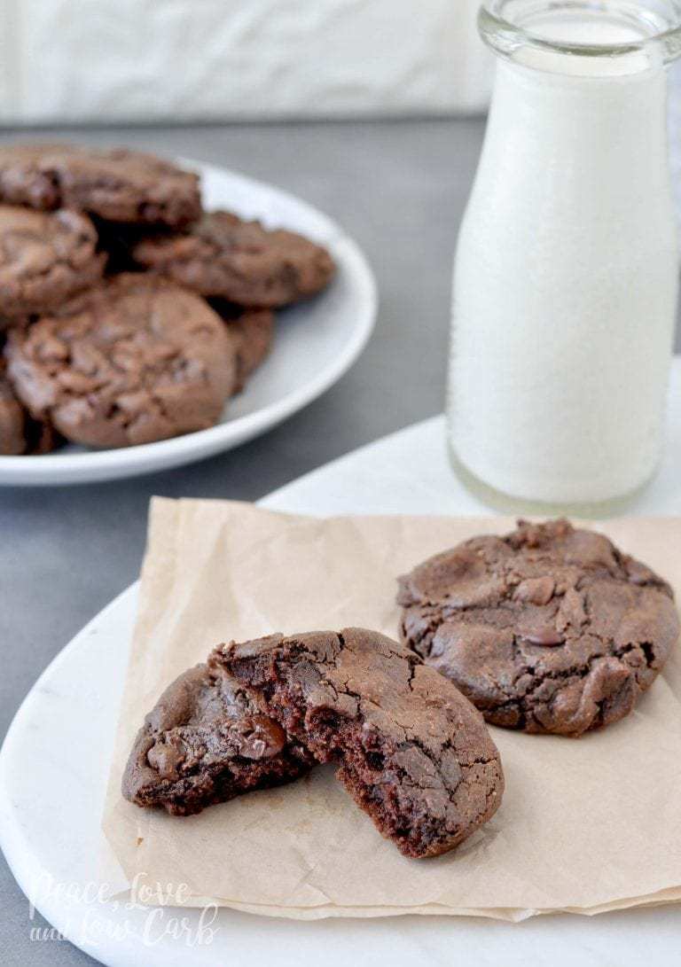 Keto Flourless Chewy Double Chocolate Chip Cookies.
