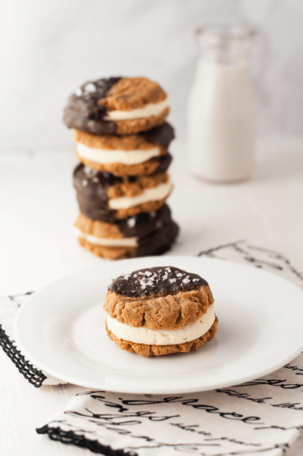 Low Carb Chocolate Dipped Peanut Butter Cookie Sandwiches.