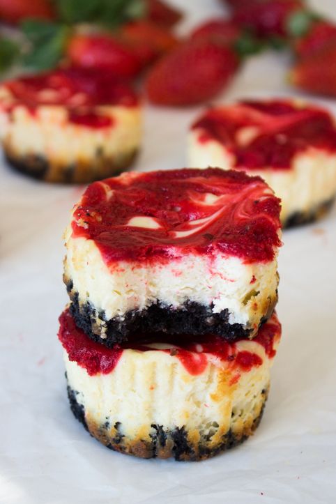 Mini Strawberry Swirl Cheesecakes.