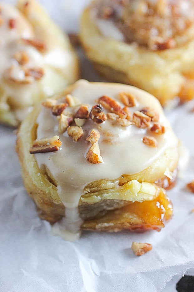 PUFF PASTRY CINNAMON ROLLS WITH MAPLE ICING.