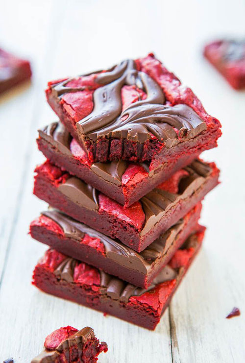 Red Velvet Chocolate-Swirled Brownie Bars via Averie Cooks