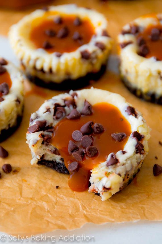 Salted Caramel Chocolate Chip Cheesecakes.