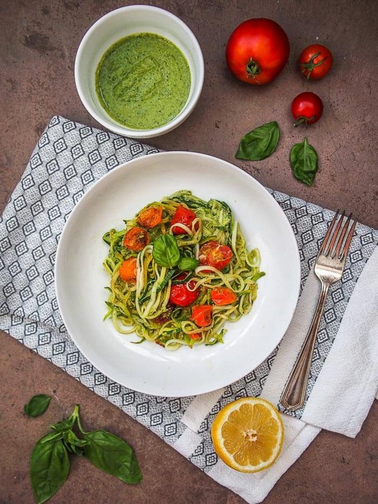 Zucchini Noodles with Tomatoes and Hemp Pesto.