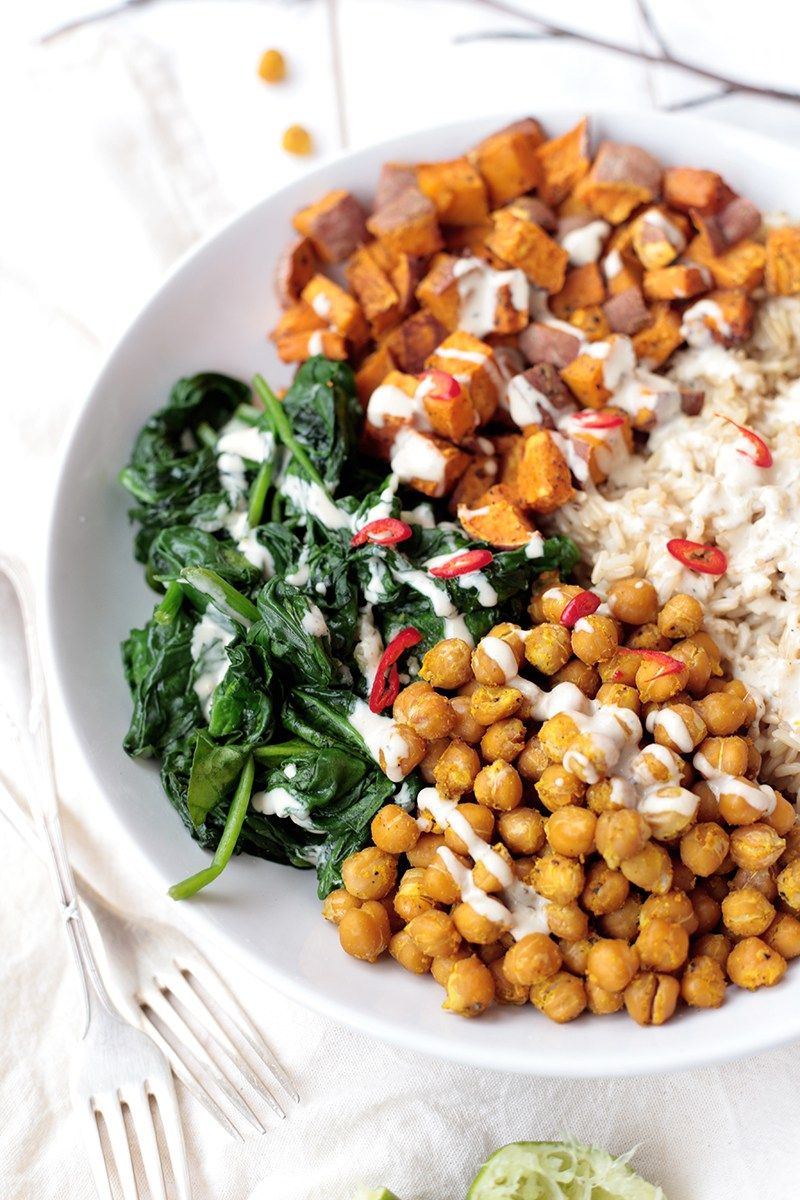 Chickpea, Spinach and Sweet Potato Brown Rice Bowl.
