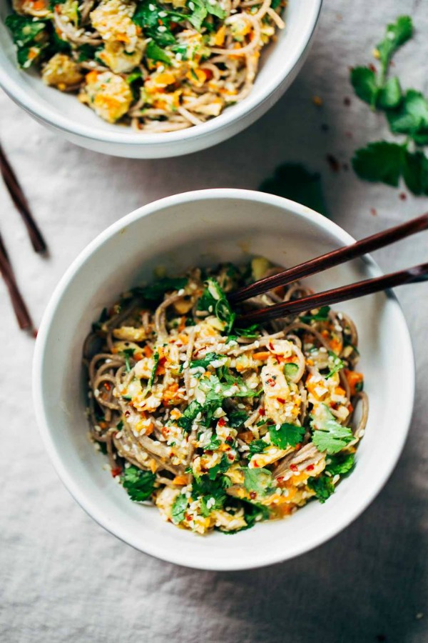Chopped Chicken Sesame Noodle Bowls from Pinch of Yum