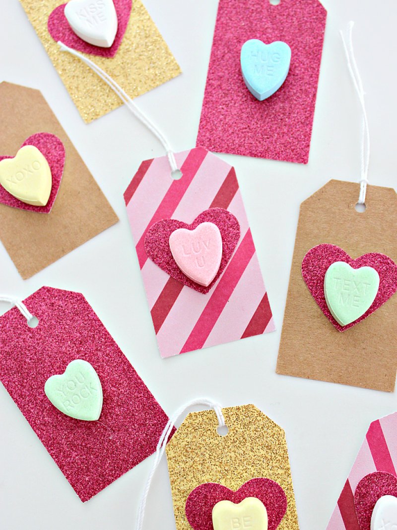 DIY gift tags with conversation hearts.