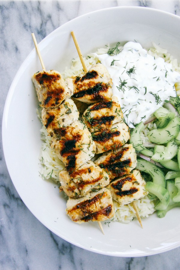Grilled Chicken Kebab Bowls with Cucumber Salad and Tzatziki from I Will Not Eat Oysters