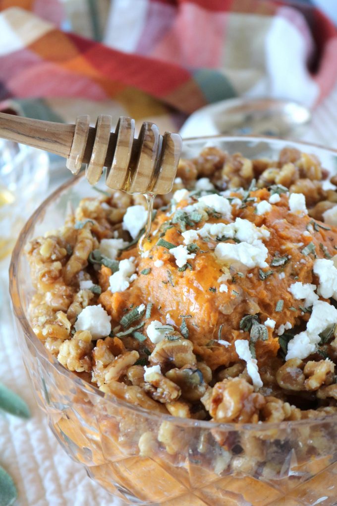 Mashed Sweet Potatoes with Goat Cheese and Honey Walnuts from The Anthony Kitchen