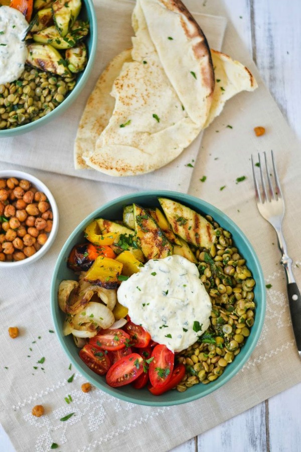 Middle Eastern Grilled Vegetable & Lentil Bowls with Falafel-Spiced Roasted Chickpeas & Tahini-Yogurt Sauce from Apples & Sparkle